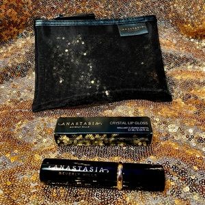 Anastasia Beverly Hills  Mesh Mini Cosmetics Makeup Bag with Lip Gloss /Mascara